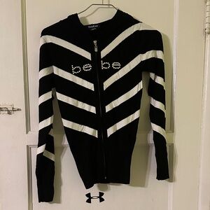 bebe Black and White Chevron Zip Hoodie with Rhinestone Logo